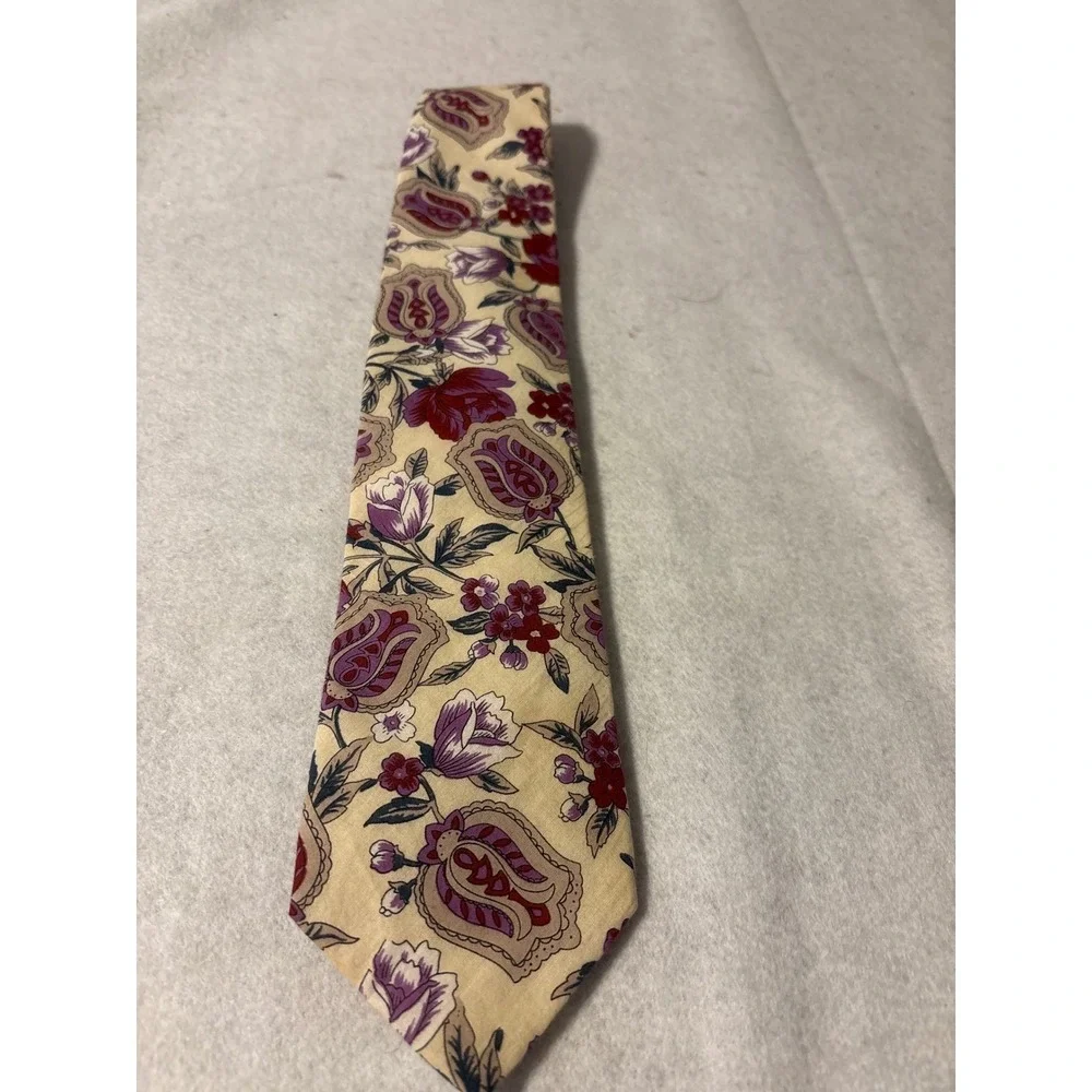 Lands End Floral Necktie Mens OS Tan‎ Purple Excellent 100% Cotton USA Hand Sewn
